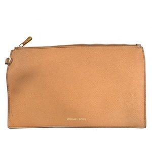 Michael Kors Brown Saffiano Leather Large Pouch Clutch Purse Wallet Brass